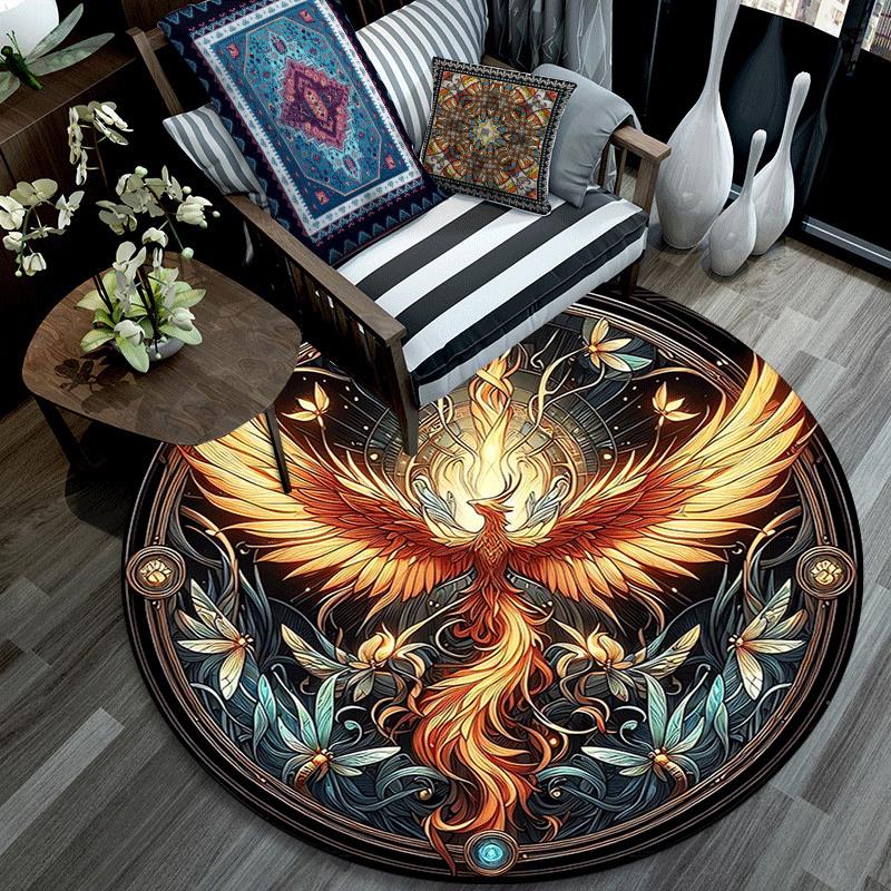 1pc Soft, Absorbent & Non Slip Ancient Mysterious Phoenix Round Rug Soft Circle Rug for Living Room & Bedroom Decor, Chair Mats, and Unforge