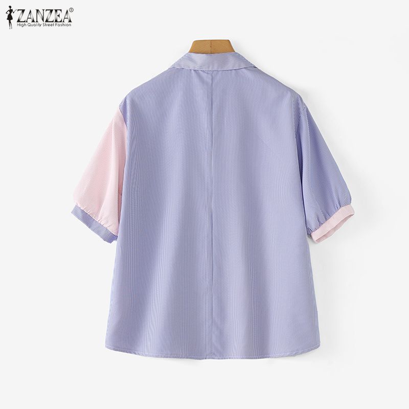 ZANZEA Womens Turn Down Collar Short Sleeve Patchwork Stripe Blouse