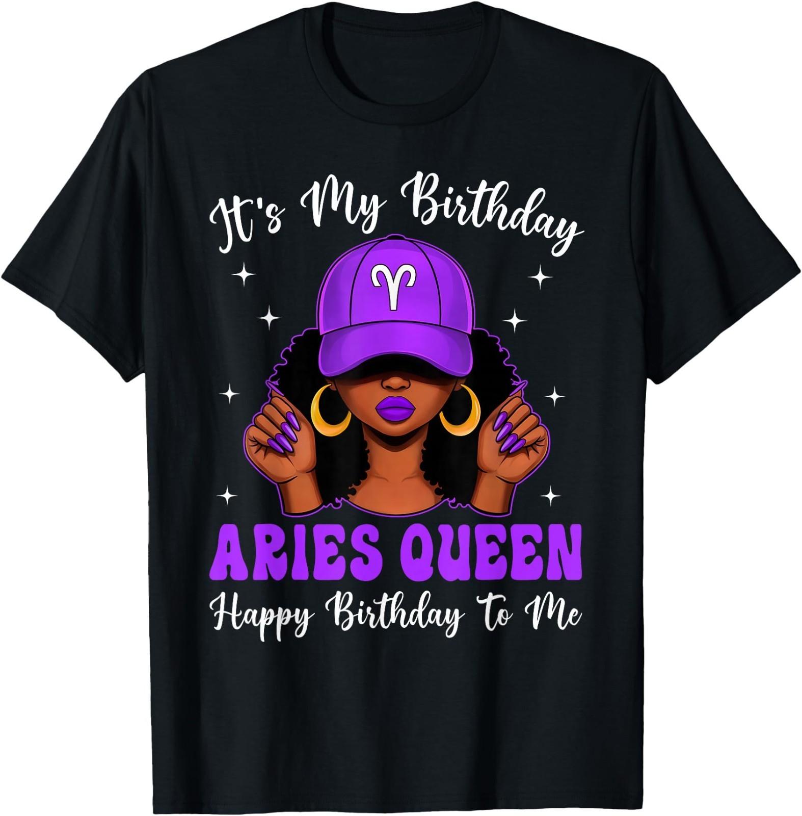 Aries Queen Black Women Purple Cap Afro Girl Birthday T-Shirt 4XL
