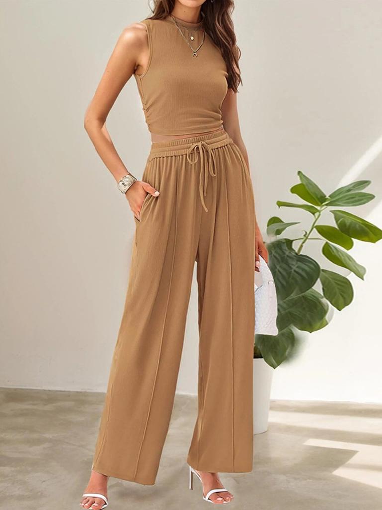 Summer Casual Set Sleeveless Round Neck Short Slim Top Wide Leg Pants Two Pieces
