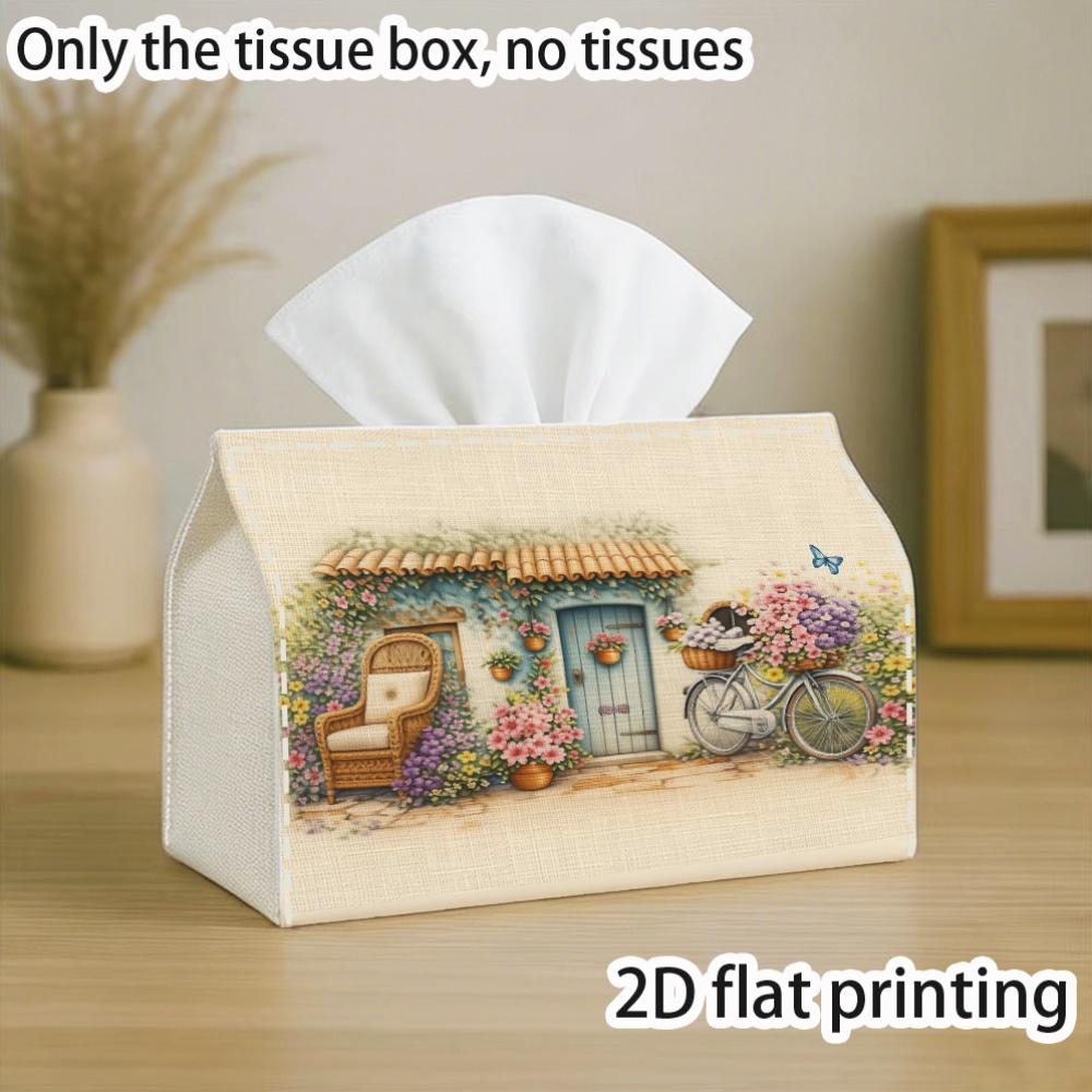 2D Flat, 1pc Tissue Box, Vintage Cottagecore Rustic - Decorative Tissue Box, Bicycle Floral House - for Home, for Party, Car, Kitchen And Bathroom - T