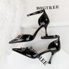 Fashion 2025 New Black Heels 8cm Women's Sandals Lacquer Leather Hollow Heels Metal Buckle One Lined Lady Stiletto Elegant Banquet Shoes