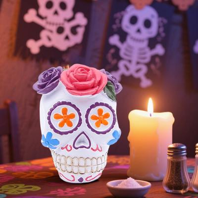 Day of The Dead Floral Skull Statue Colorful Flower Patterned Human Head