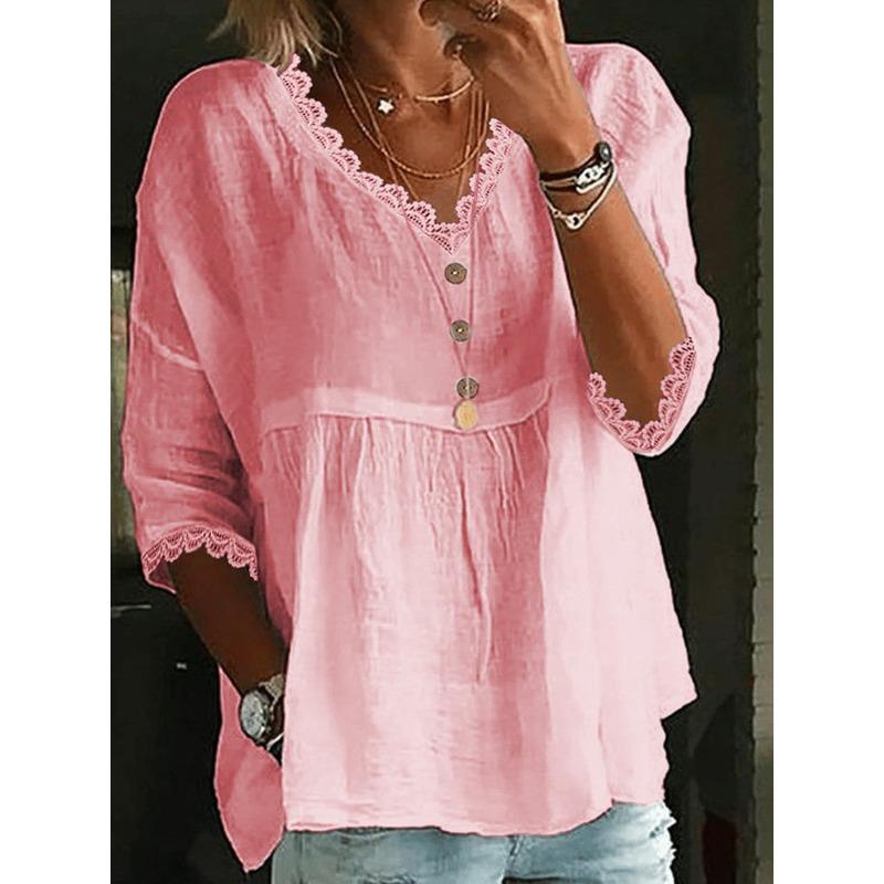 

JPNTKY Women s Fashion Casual Solid Color Print 3/4 Sleeves V Neck Blouses & Shirts XXL рожевий