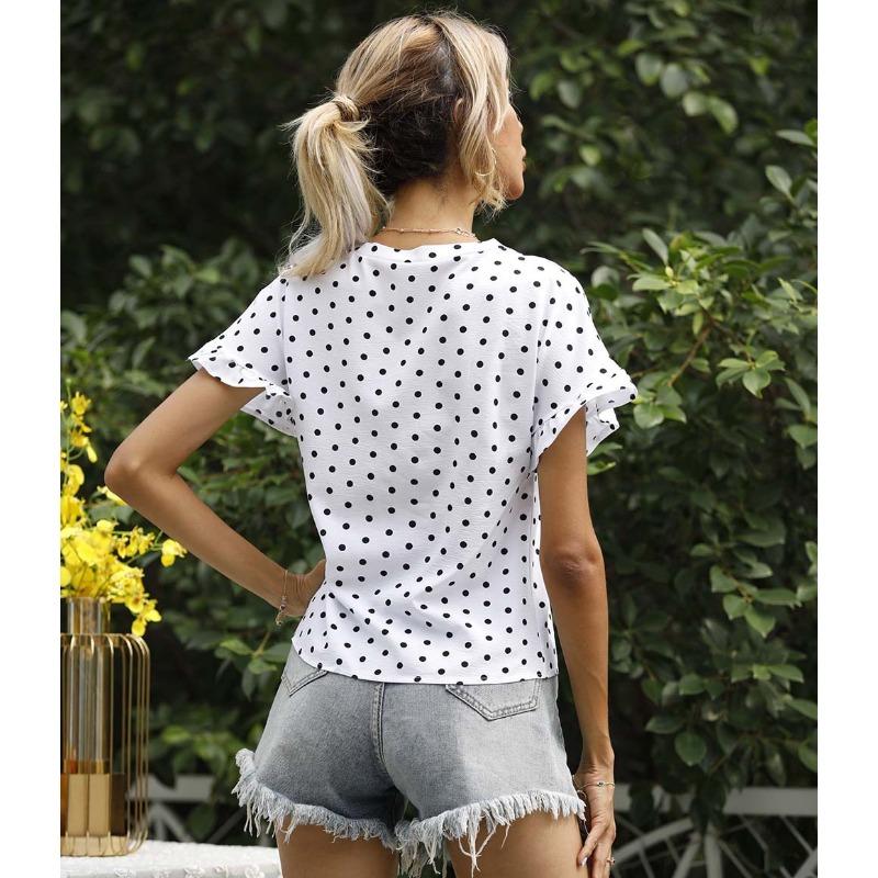 Women's Summer Polka Dot V-Neck Short Sleeve T-Shirt Top