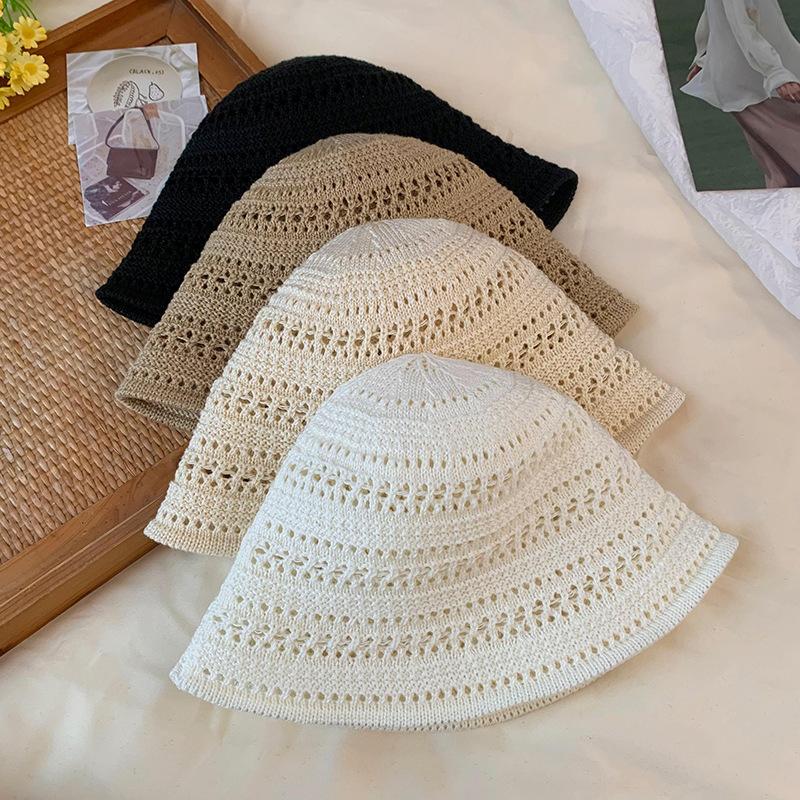 Japanese Solid Color Knitted Hollow Fisherman'S Hat Children Spring And Summer Breathable Sunshade Sunscreen Hat Basin Hat