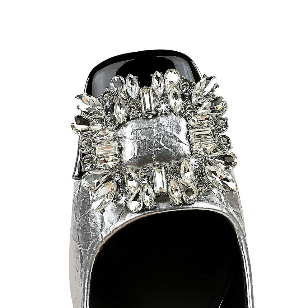 Shallow Mouth Square Toe Color Blocked Metal Rhinestone Buckle Straight Strap Single Shoe