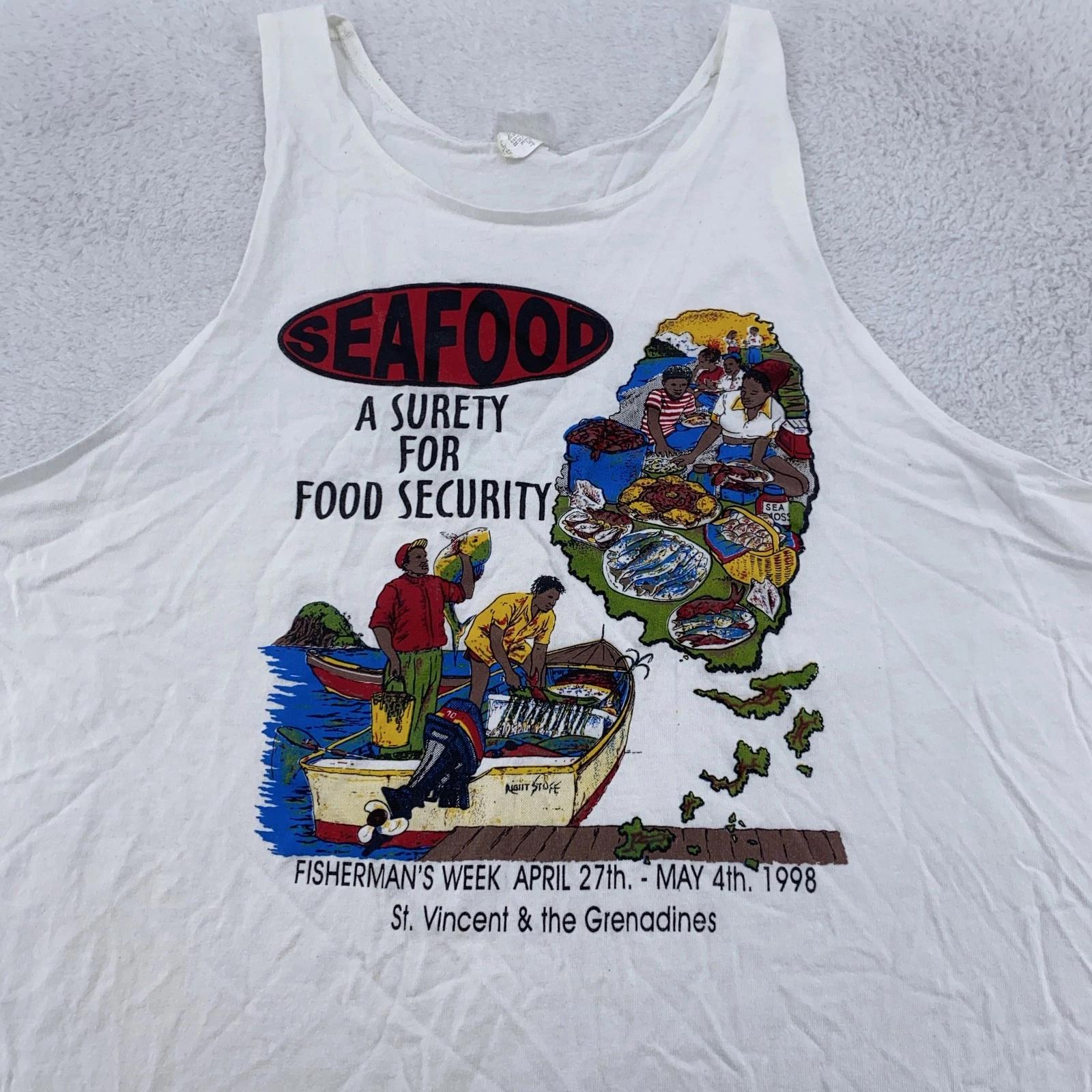 

Vtg Seafood Food Security Tank Top Shirt Mens L Fisherman’s Week St. Vincent 90s 3XL