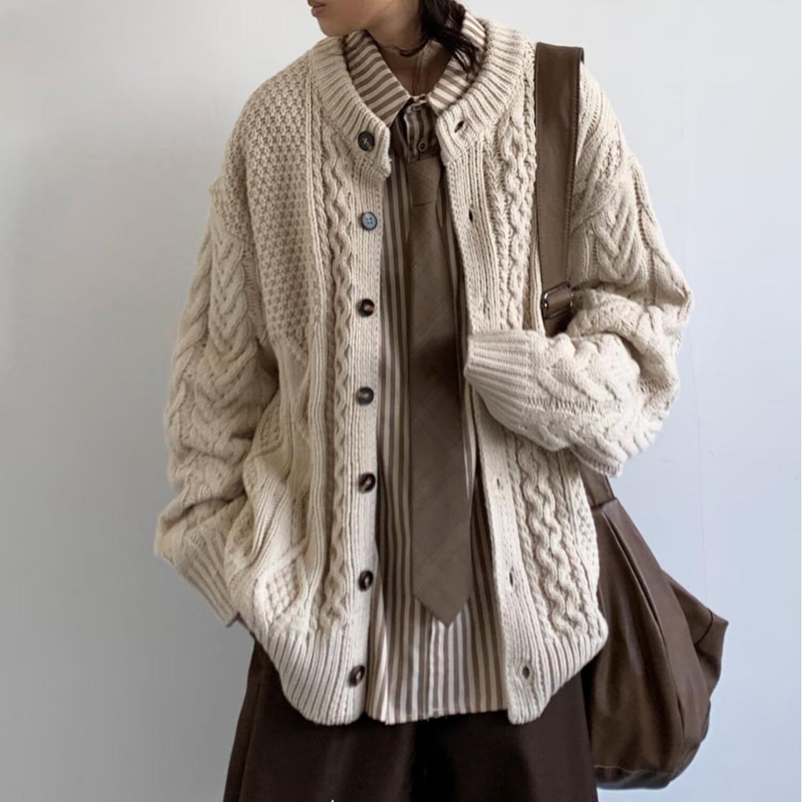 

Luxe Lapel Loose Diamond Cable Knit Thick Cardigan - Autumn/Winter College Style Sweater Coat 2XL білий/слонова кістка