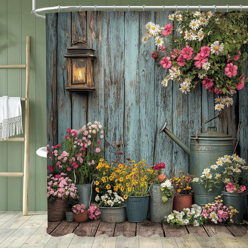 Cortina de Ducha Jardín Sereno - Con Ganchos, Vibrante Natural Rústico Patio y Flores Cortinas de Baño Decoración del Hogar Cortina