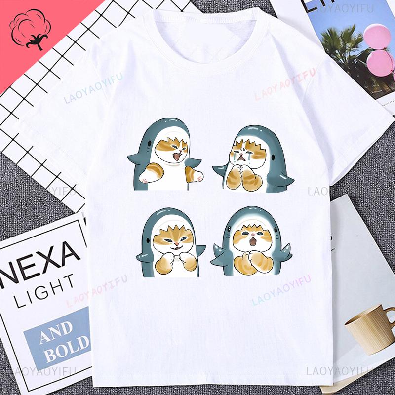 Harajuku Kawaii Kočka Žralok Potisk Roztomilé Kreslené Bavlněné Tričko Módní Streetwear Krátký Rukáv Dámské Tričko Vtipná Grafika Pánská Trička