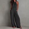 Women's Halter Neck Backless Wide Leg Jumpsuit Sleeveless Pleated Loose Fit Pockets Summer Vacation Outfit