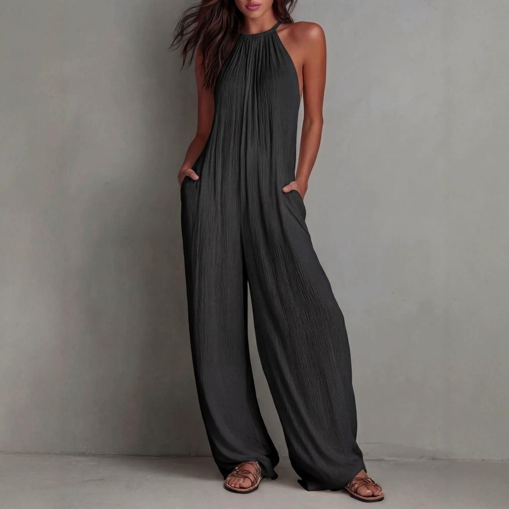 Women's Halter Neck Backless Wide Leg Jumpsuit Sleeveless Pleated Loose Fit Pockets Summer Vacation Outfit
