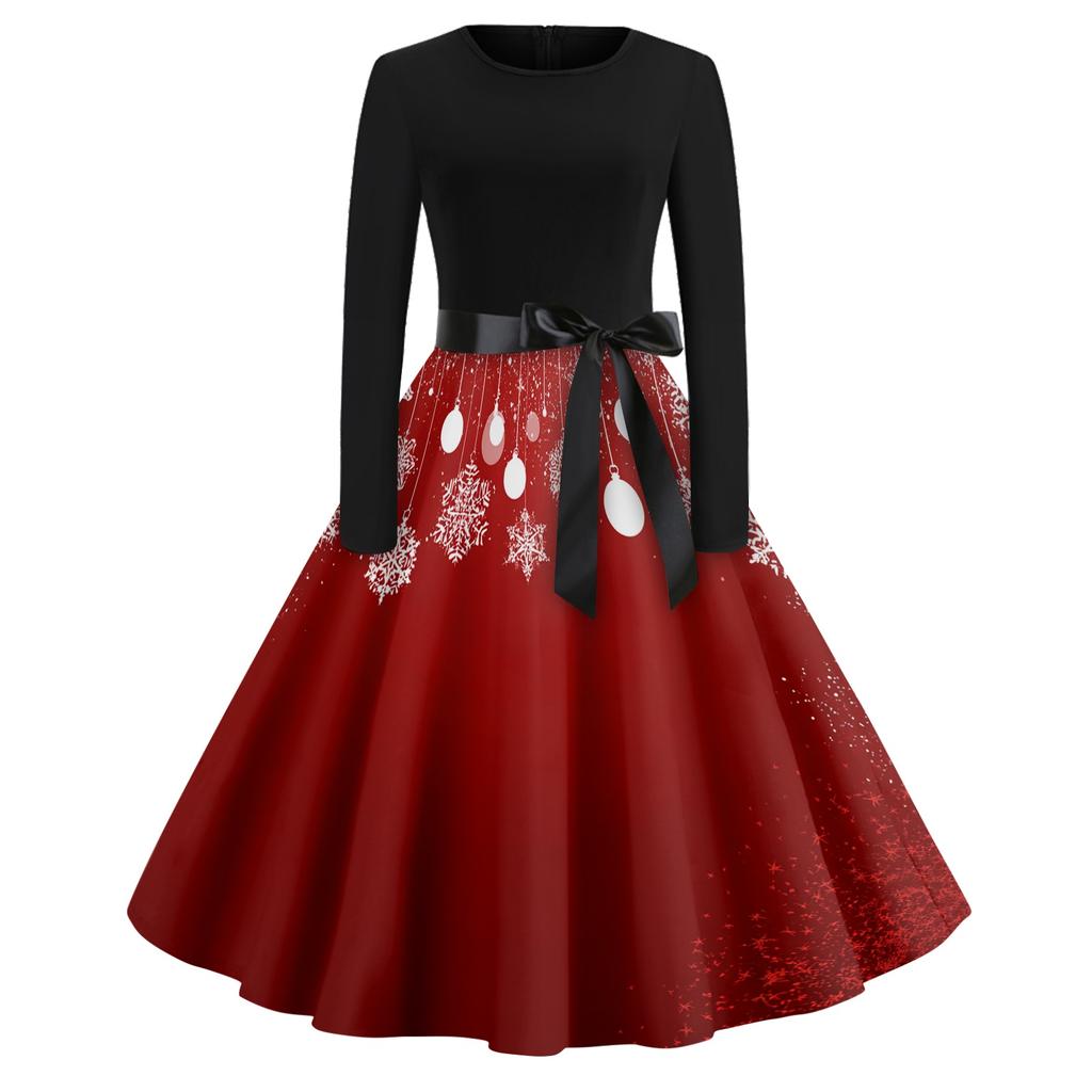 Women's Vintage V-Neck Christmas Print Casual Dress for Holiday Party