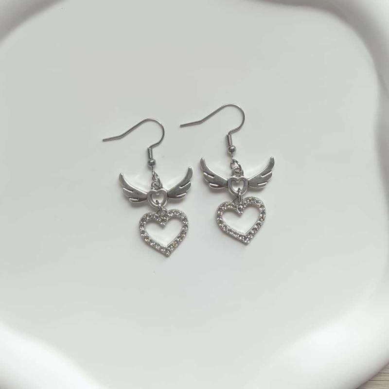 Japanese Sweet Rhinestone Heart and Angel Wings Earrings
