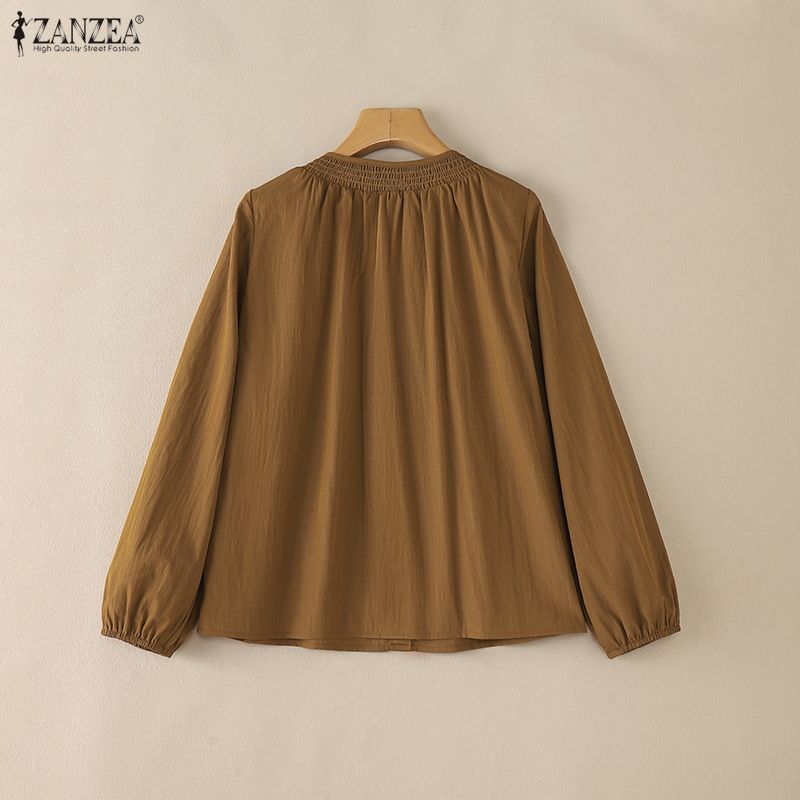 ZANZEA Women Casual Round Neck Solid Color Long Sleeve Blouse