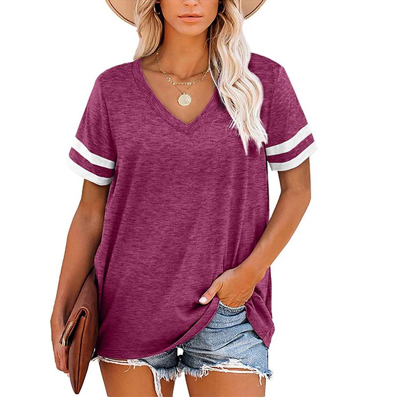 Women's 2026 Summer New V-neck Short-sleeve Color-block T-shirt Loose Casual Top