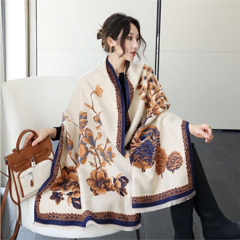 Autumn and Winter New Flowers Bloom and See Deer Jacquard Scarf Women's High-end Sense Versatile Imitation Cashmere Shawl Thickened Warm Scarf