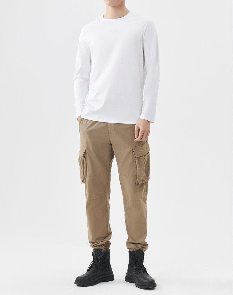 Men's 175g Pima Cotton Long-Sleeved Crew Neck T-Shirt, Solid Color, 80 Count, Versatile Casual Base Layer