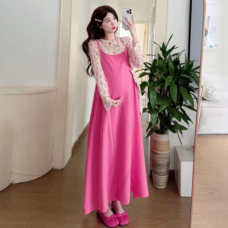Spring Floral Maternity Set: Loose Suspender Dress & Slimming Top M