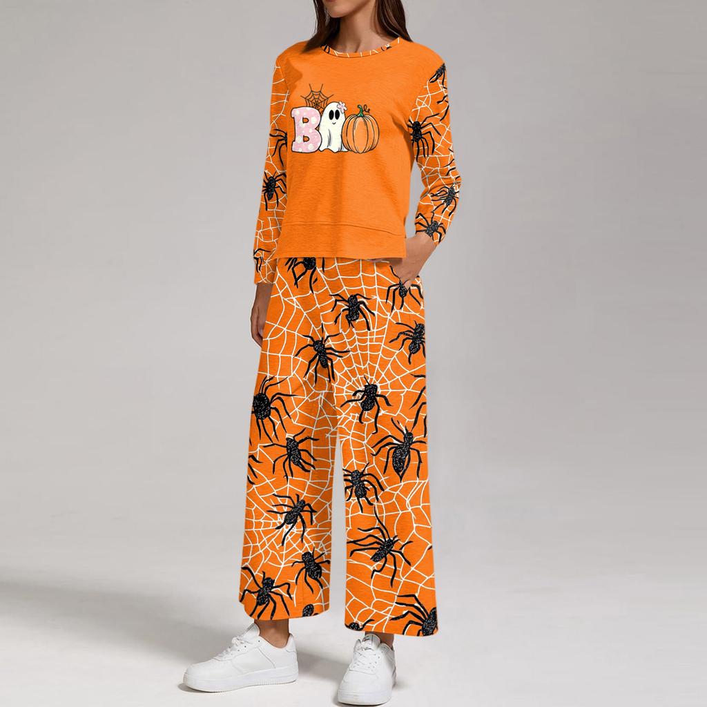 Women's Casual Round Neck Loose Fit Sweatshirt and Pants Set with Halloween Print Hem Slit for Halloween