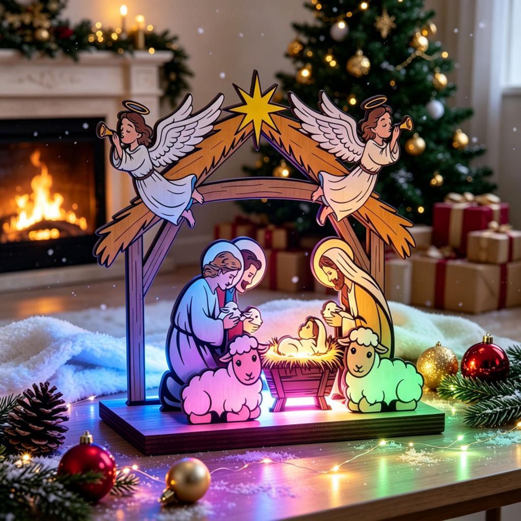 Wooden Scene Light Up Christmas Tabletop Decor Holiday Mantel Decoration
