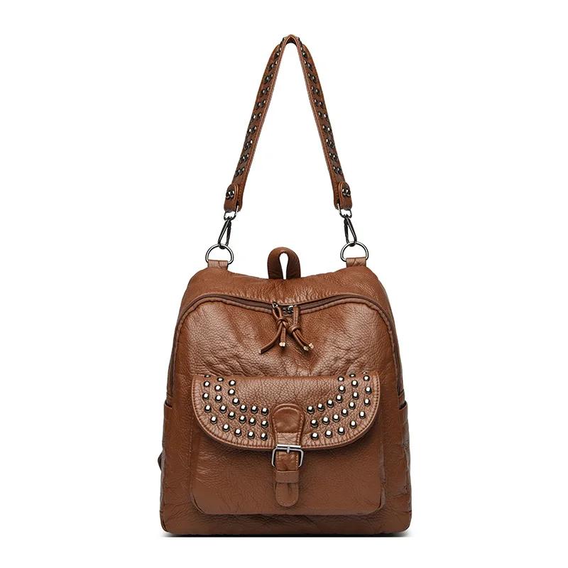 2025 Soft Leather Women Backpacks Rivet Multifunctional Shoulder Bags Female Retro Travel Teenage Girl Fashion Schoolbag