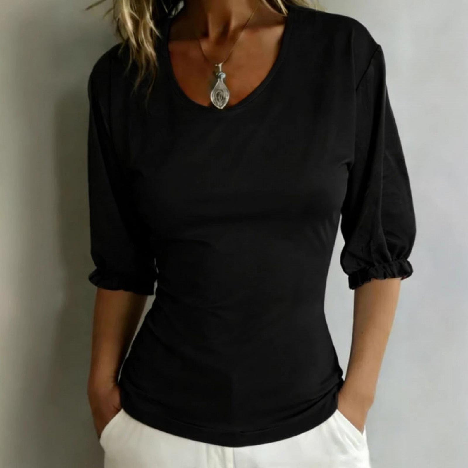 Women s Spring/Summer Casual  Color Round Neck Slim Fit Fashion Top L чёрный