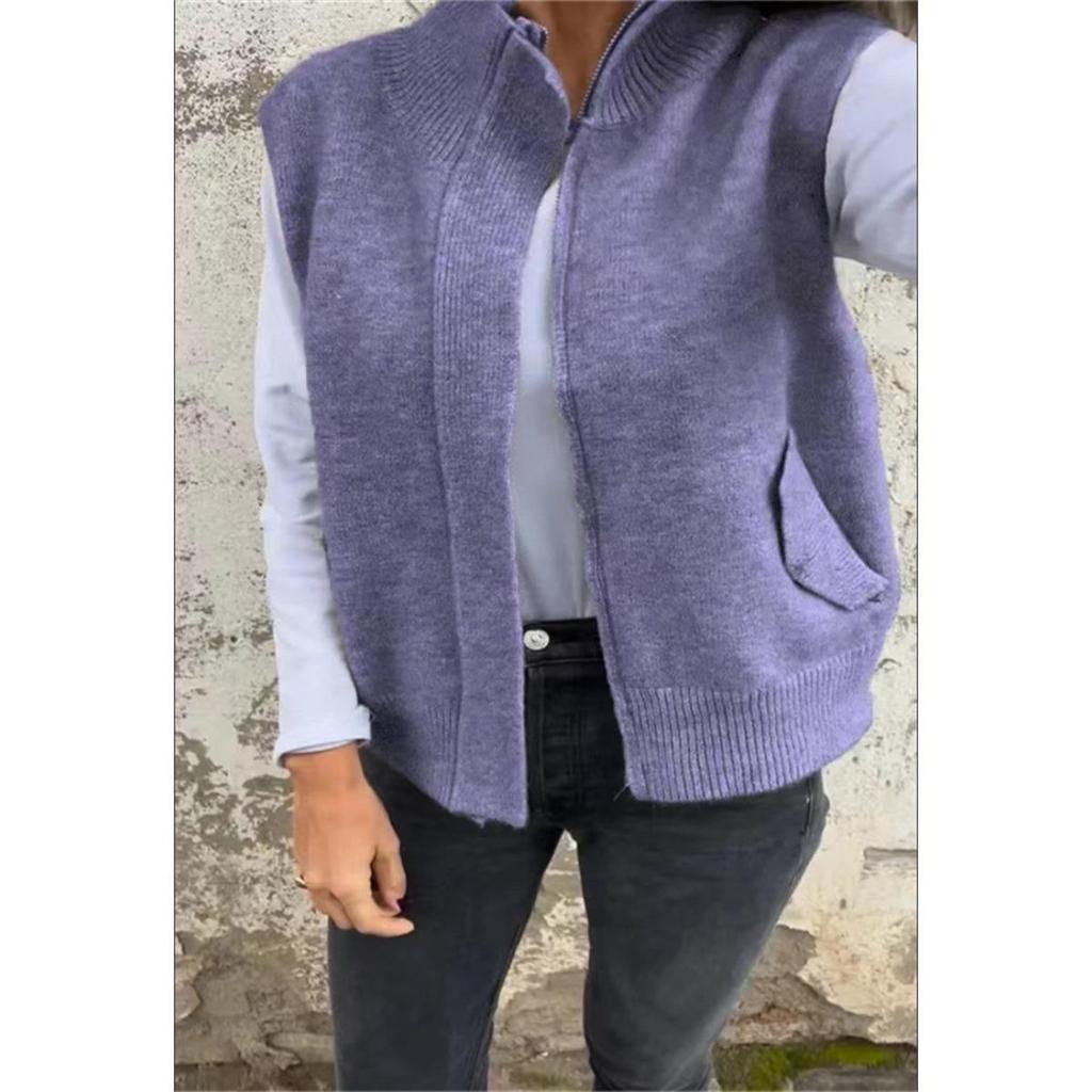 Winter Women's Stand Collar Zip Knitted Vest Loose Casual Open Front Sweater Gilet for Autumn Winter
