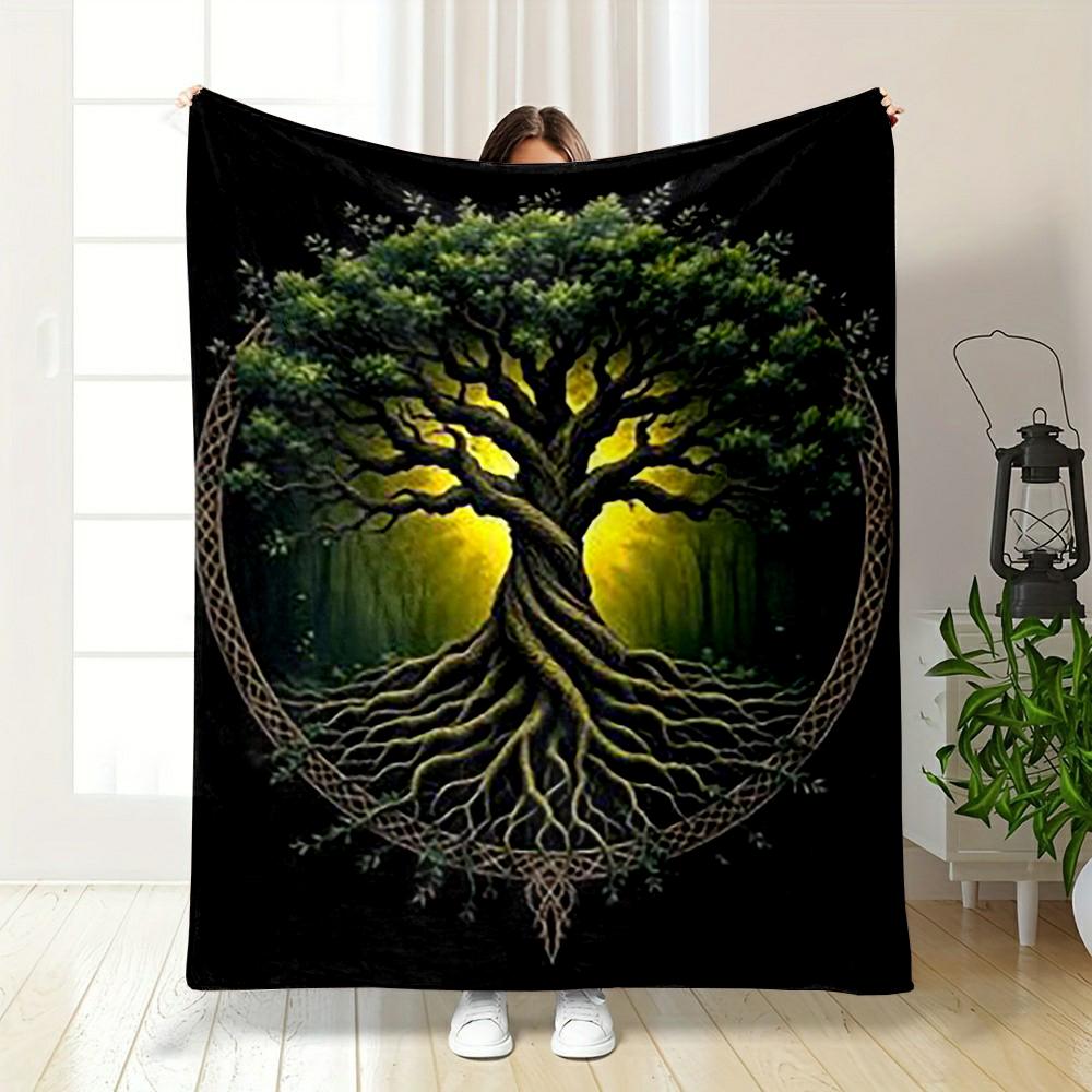 Mystical Tree with Glowing Forest Aura Printed Flannel Blanket for Bedroom, Living Room, Sofa, and Nap