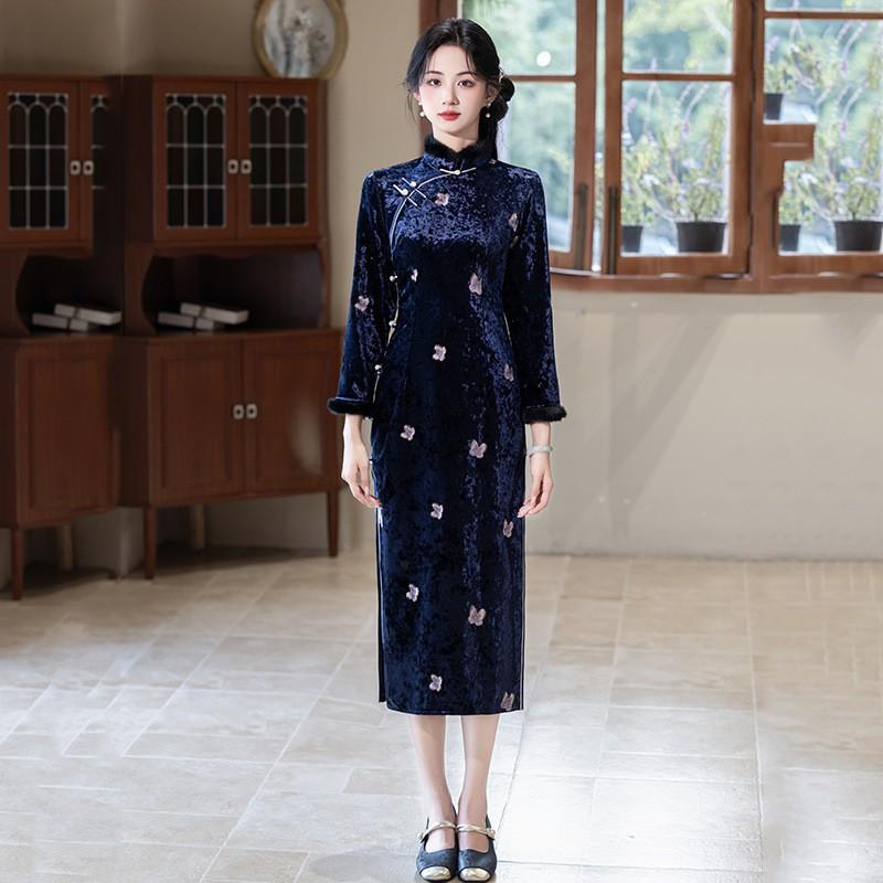 Womens Long Sleeve Velvet Winter Qipao Dress Vintage Chinese Style Modernized Fit