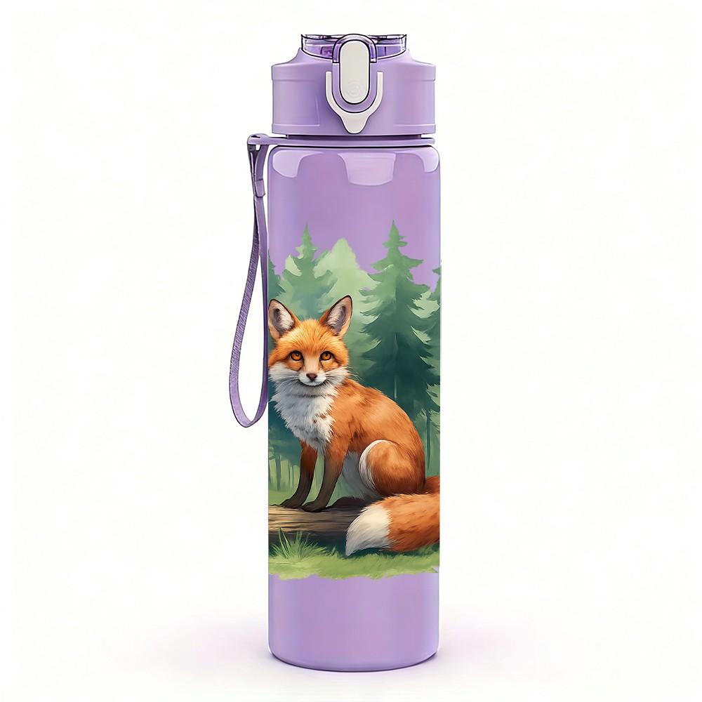 1PC Forest Fox Illustration Print 750ml Color Plastic Sports Water Bottle Leakproof Flip Straw Lid Suitable for Sports Office Home Use