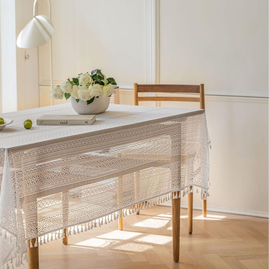 Embroidered Crochet Lace Tablecloth with Tassels - Polyester Blend Rectangular Cover for Kitchen Dining Party Decor, Knit Fabric Weave, White