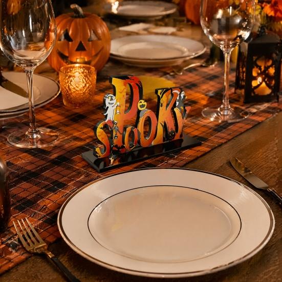 Stable Base Halloween Decor Wooden Tabletop Ornaments, Freestanding Solid Wood Letter Signs, Decorative Table Centerpiece Word Signs with Pumpkin And