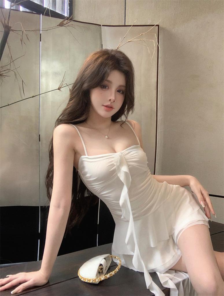 Spice girl super fairy lotus leaf edge mesh suspender dress women's summer seaside vacation atmosphere senior irregular short skirt