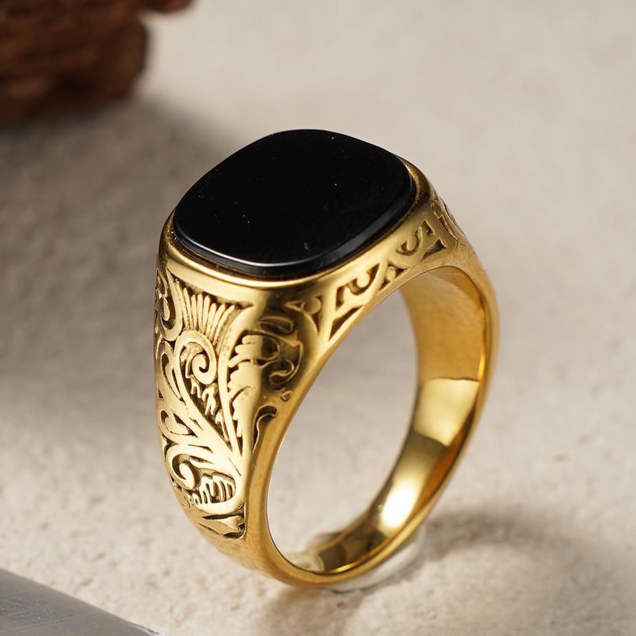 

Stylish and Retro Black Onyx Rings, Simple and Business-like, Are Made of 316L Stainless Steel with 18k Gold Plating. 8