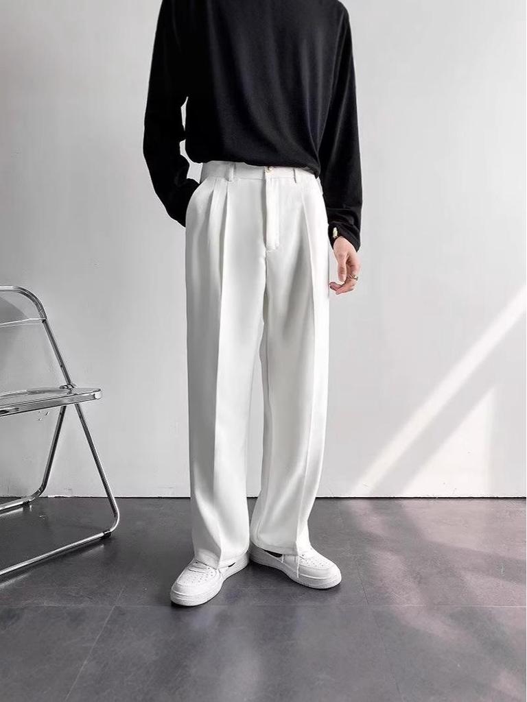 Men's High-End American White Loose Straight-Leg Floor-Length Versatile Dress Suit Pants