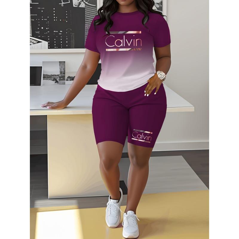 Calvin letter element gradient color spring and summer casual two-piece set