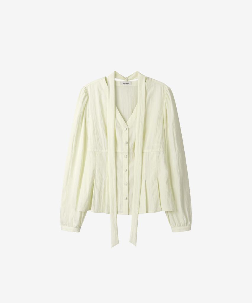 BASIKA V-Neck Pleated Tie Blouse (Butter)