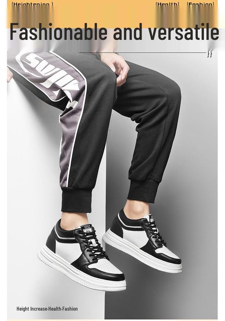 Men's Height Increasing Platform Board Shoes - Thick Sole, Color Blocking, Spring Low-Top Cowhide Sports Sneakers