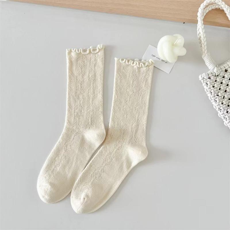 Women Socks with Lace Trim Hollow-Out Mesh Breathable Slouch Summer Spring Socks Solid Color Trendy and Versatile for Ins