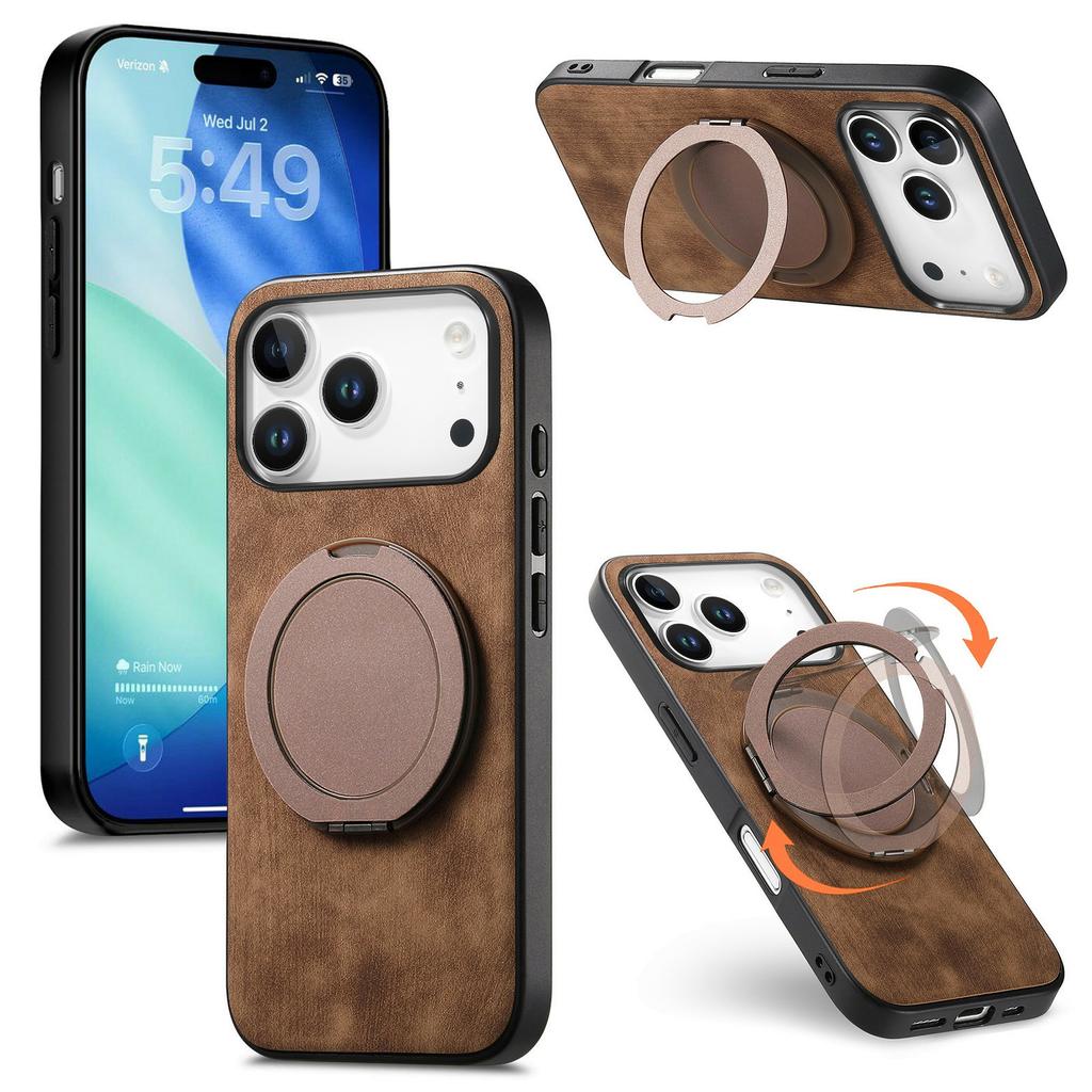 For iPhone 17 Pro Phone Case with Rotating Kickstand Stress Relief Retro Leather Back Cover