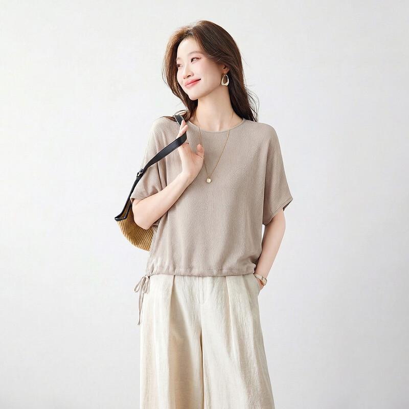 Srcr Women s 100% Mulberry Silk Textured Loose Fit Short Sleeve T-Shirt L