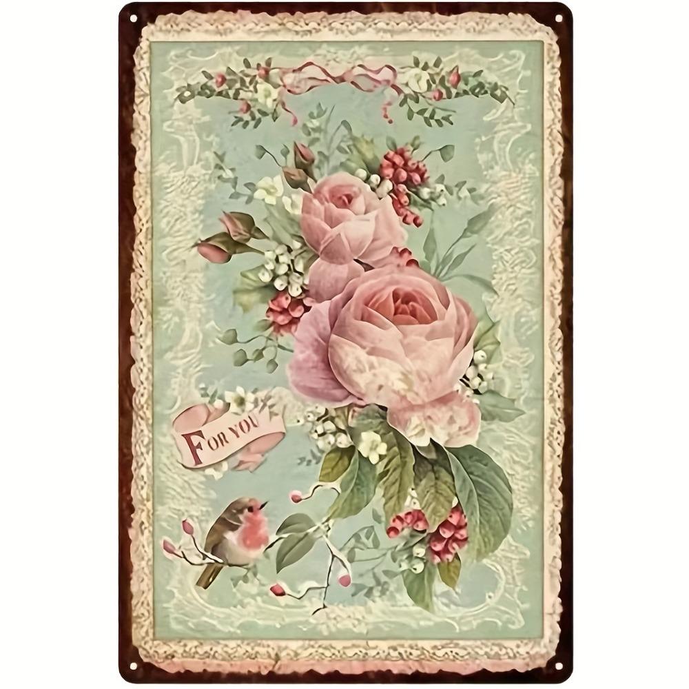 

Vintage Flower Metal Tin Sign - 8x12 Pink Rose Pastoral Decor for Home Garden, Farmhouse Wall Art 20x30cm（7.8x11.8inch）