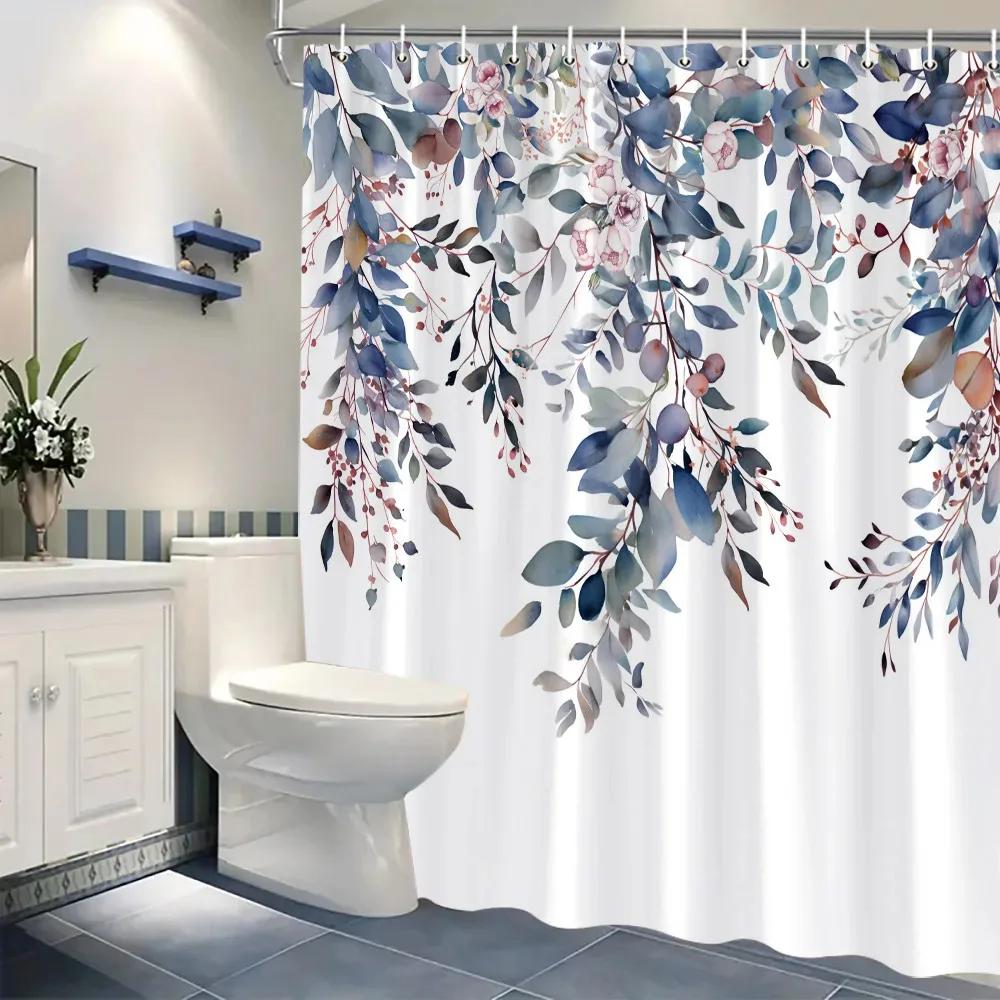 Watercolor Plant Leaf Shower Curtain Thanksgiving Gift Polyester Green Leaf Printed Shower Curtain Bathroom Decoration
