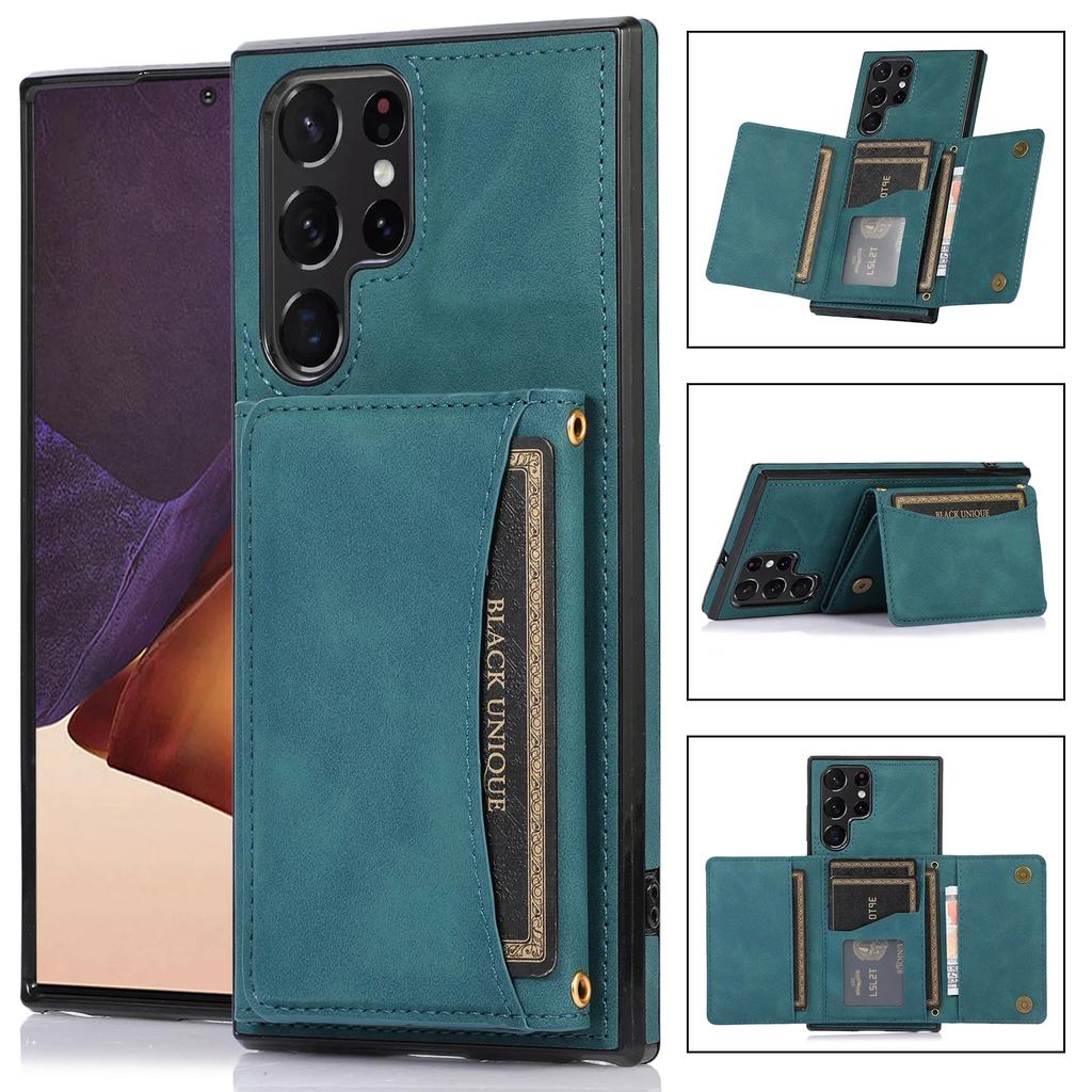 Triple Folded Matte Leather Wallet Case for Samsung S25 Ultra S24 FE S23 S22 Plus S21 A55 A14 Cards Slots Kickstand Flip Cover