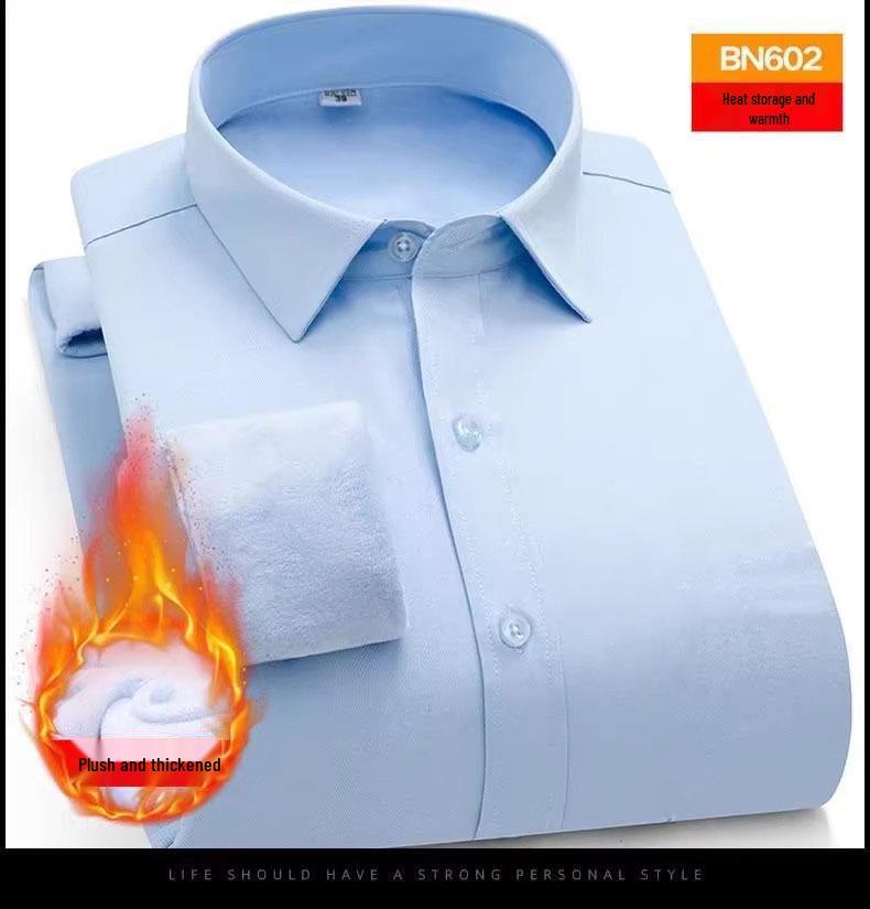 Men's Formal White Velvet-Lined Non-Iron Long Sleeve Shirt with Pocket