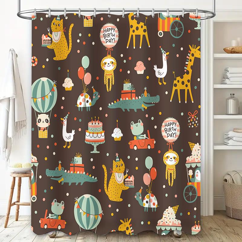 Adorable Animal Birthday Shower Curtain Set Kids Party Decorations for Bathroom Multicolored Pattern Canvas Fabric Perfect Gift