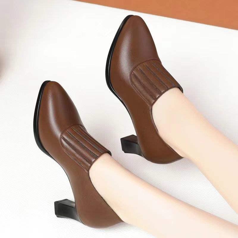 Women's Soft Leather Chunky Heel Slip-On Shoes - Pointed Toe, Elastic Design, Comfortable Work Heels
