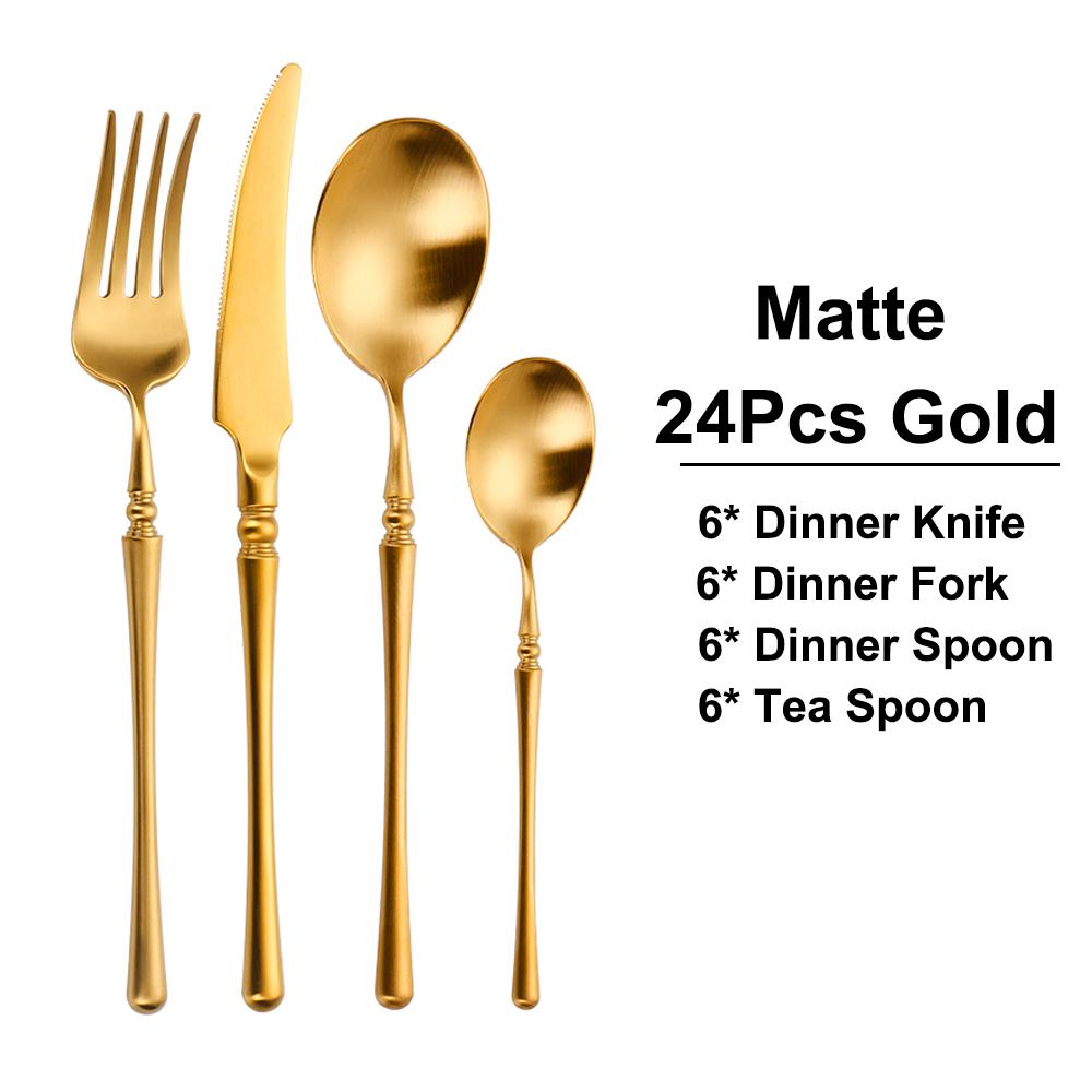 24/30Pcs Gold Cutlery Dinner Set Matte Knife Fork Spoon Stainless Steel Western Tableware Mirror Sliverware Kitchen Utensils